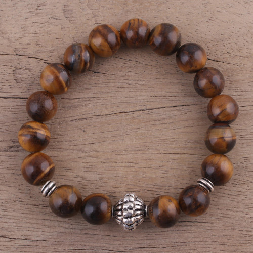 Natural Tiger's Eye Beaded Stretch Bracelet from India 'Earthen Kiss'