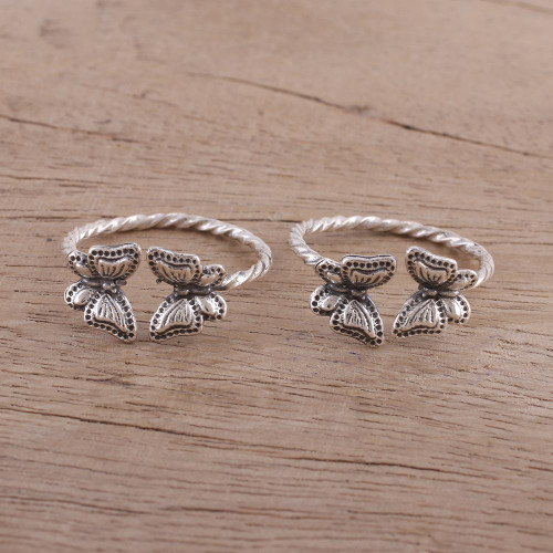 Twisted Toe Rings with Butterfly Accents from India Pair 'Butterfly Meeting'