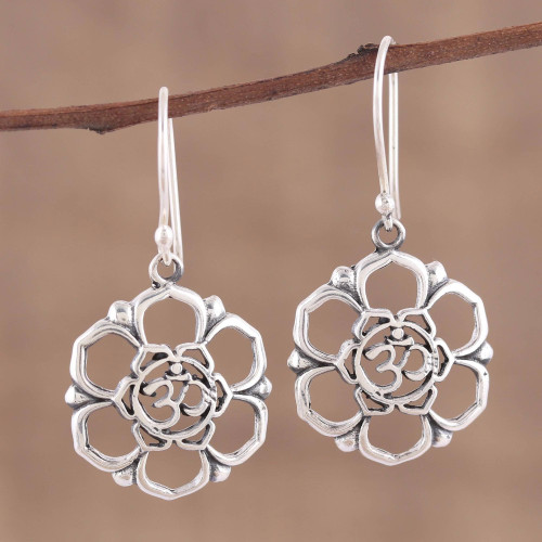 Sterling Silver Floral Om Symbol Dangle Earrings 'Floral Om'