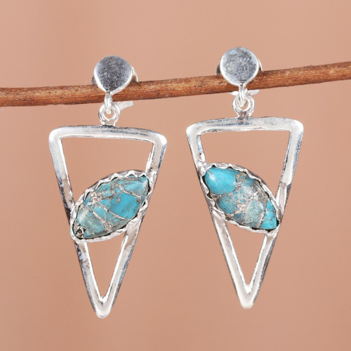 Sterling Silver Dangle Earrings with Composite Turquoise 'Triangulation in Blue'