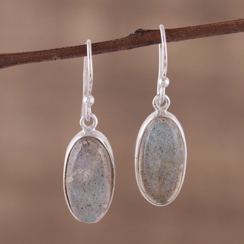 Labradorite Cabochon Dangle Earrings from India 'Mystical Ways'