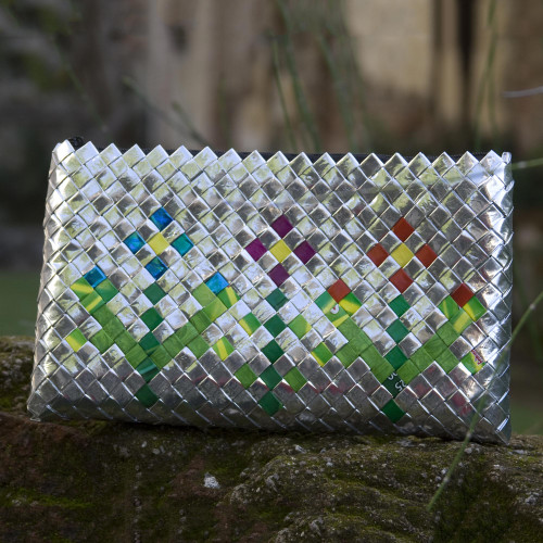 Recycled metalized wrapper clutch handbag 'Garden Flower'