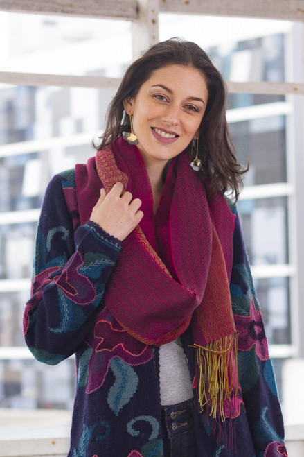 Handwoven Baby Alpaca Blend Shawl in Fuchsia from Peru 'Ablaze'