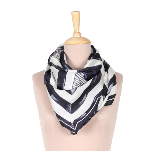 Hand-Painted Indigo and White Geometric Triangle Silk Scarf 'Triangle Symphony in Navy'