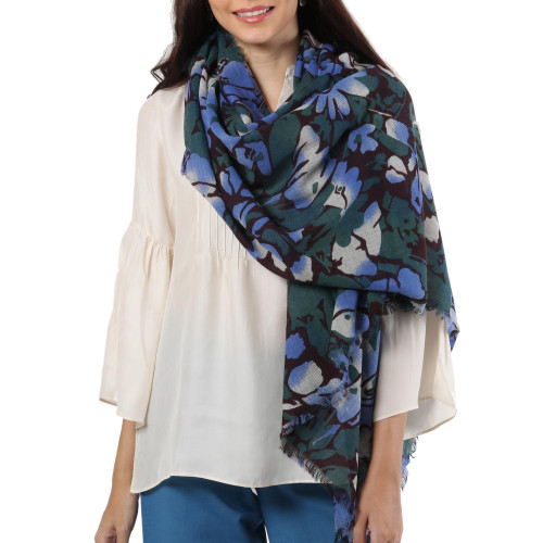 Blue and Green Floral Motif Wool Shawl from India 'Delight of Spring'