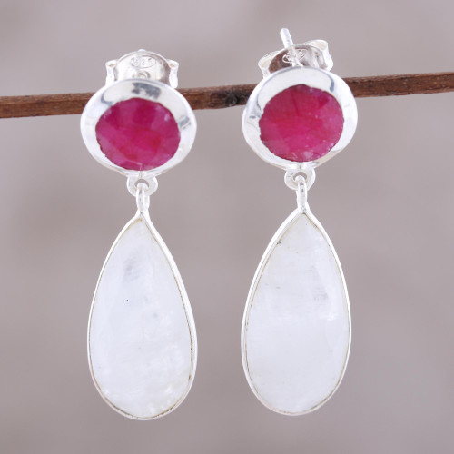 Rainbow Moonstone and Ruby Sterling Silver Dangle Earrings 'Sunrise Princess'