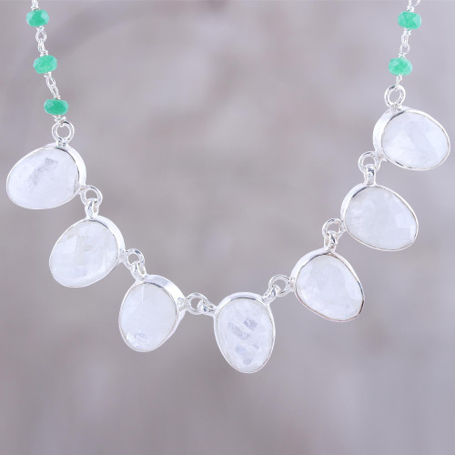 Rainbow Moonstone and Onyx Pendant Necklace from India 'Morning Grandeur'