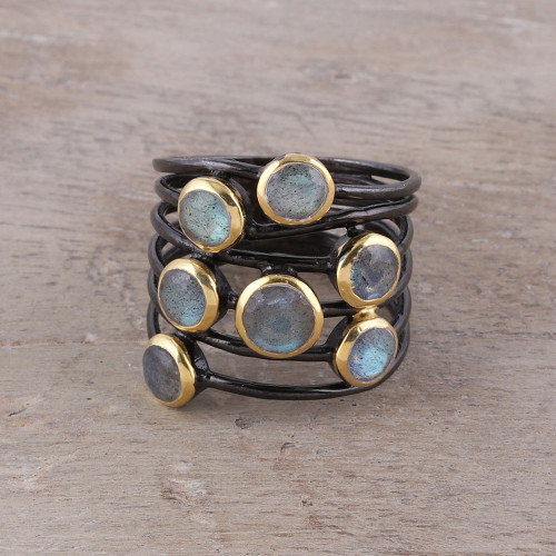 Gold Accent Labradorite Multi-Stone Cocktail Ring from India 'Dewy Morn'