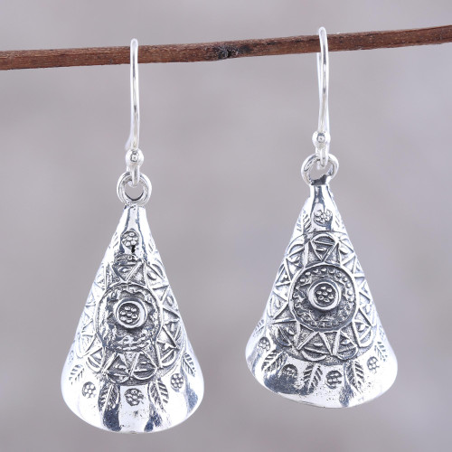 Patterned Cone Sterling Silver Dangle Earrings from India 'Creative Cones'