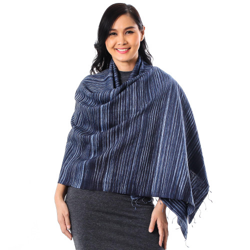 Striped Silk and Cotton Blend Shawl in Blue from Thailand 'Gorgeous Stripes in Blue'