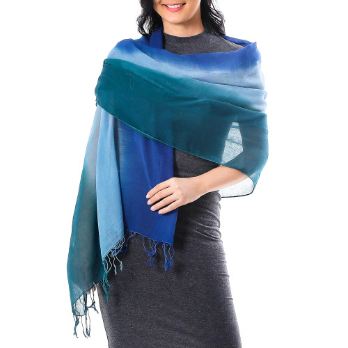 Ombre Cotton Shawl in Blue from Thailand 'Cool Night'