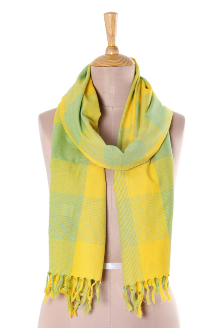 Daffodil and Turquoise Cotton Wrap Scarf from India 'Daffodil Glow'