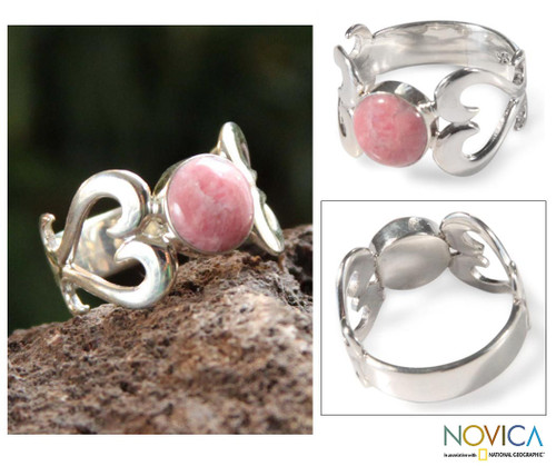 Handcrafted Heart Shaped Sterling Silver Rhodonite Ring 'Pink Love'