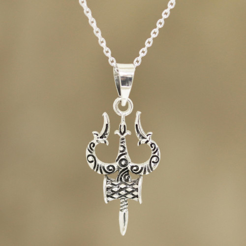 Sterling Silver Pendant Necklace Depicting Shiva's Trident 'Shiva's Might'