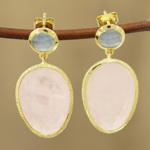 Gold Plated Rose Quartz and Chalcedony Dangle Earrings 'Sparkling Muse'