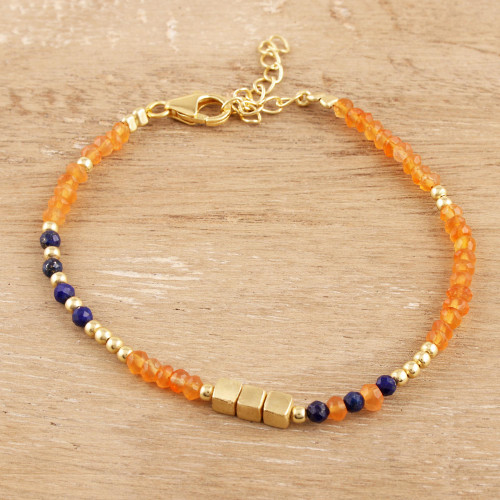 Gold Plated Orange Onyx and Lapis Lazuli Beaded Bracelet 'Dainty Harmony'