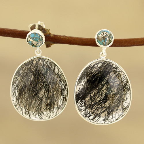 Tourmalinated Quartz and Composite Turquoise Dangle Earrings 'Elegant Veins'