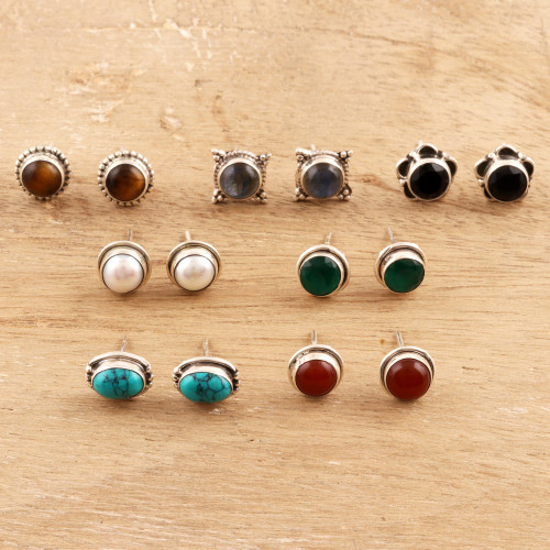 Set of 7 Gemstone Stud Earrings from India 'Elegant Pairs'