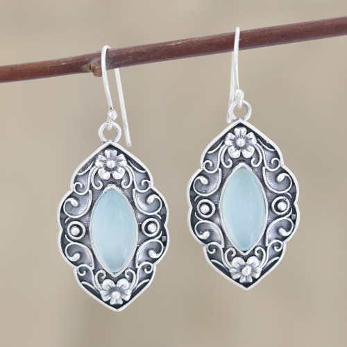 Blue Chalcedony Floral Dangle Earrings from India 'Aqua Garden'