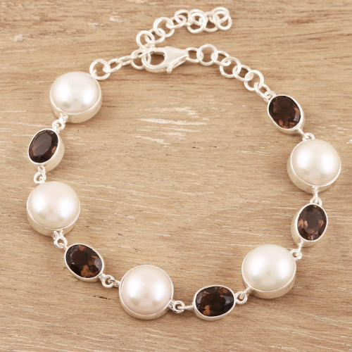 Cultured Pearl and Smoky Quartz Link Bracelet from India 'Evening Glory'