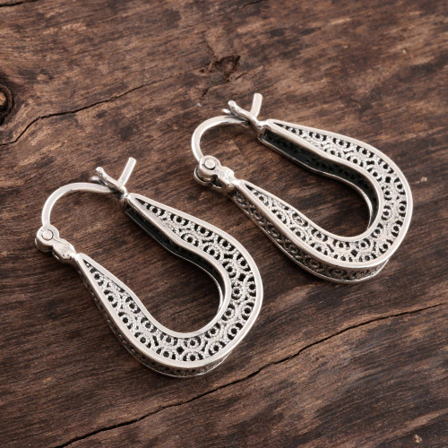 Horseshoe Shaped Filigree Sterling Silver Hoop Earrings 'Horseshoe Bend'