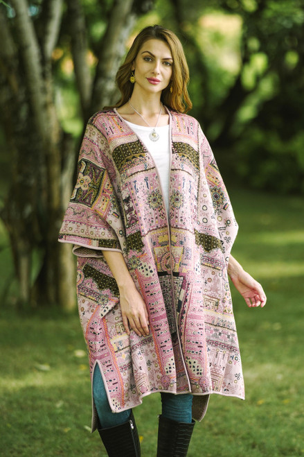 Jacquard Geometric Viscose Blend Ruana from India 'Pink Flowers'