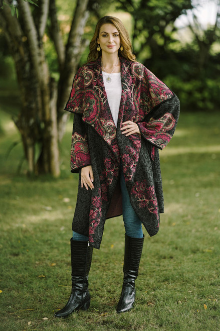 Knit Floral Viscose Blend Women's Coat from India 'Flower Days'