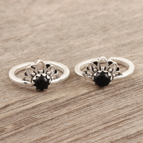 Hand Crafted Sterling Silver and Onyx Toe Rings Pair 'Black Tiara'