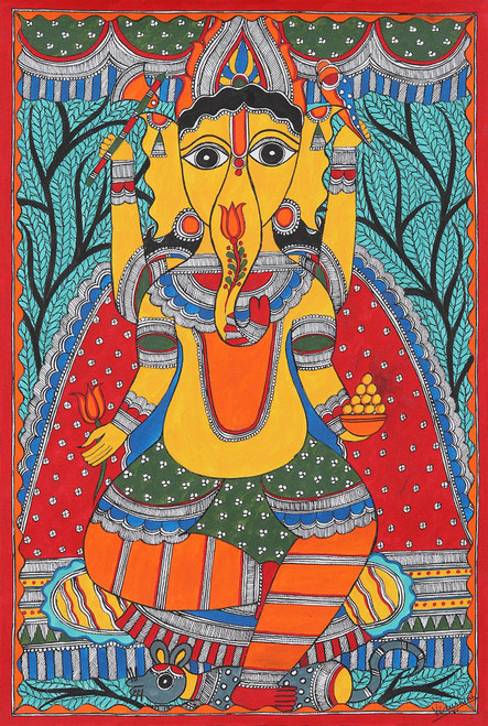 Madhubani Ganesha Painting on Handmade Paper 'Lalitasana Ganesha'