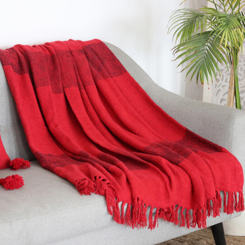 Fringed Crimson Cotton Throw 'Celebrate the Magic'