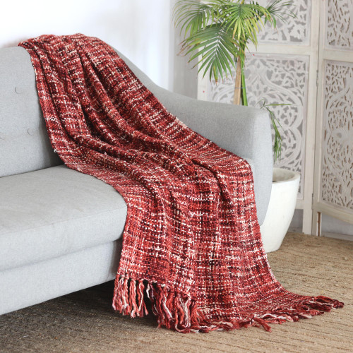 Fringed Pink and Burgundy Throw from India 'Burgundy Fusion'