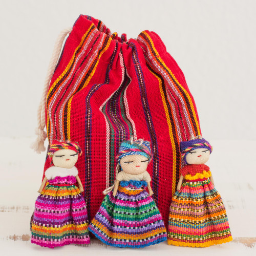 Hand Made Cotton Figurines and Bag Set of 12 Guatemala 'Worry Doll Dancers'