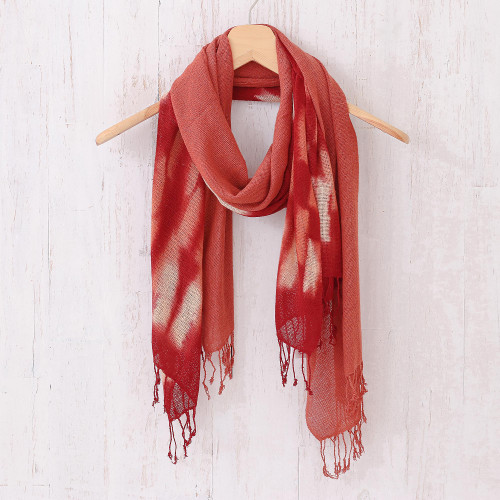 Hand-Woven Batik Silk Scarves in Crimson and Orange Pair 'Cozy Nook'