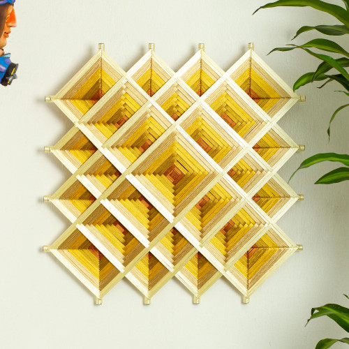 Pine Wood Handwoven Copper Wall Art with Geometric Motifs 'Copper Divinity'