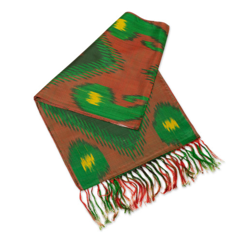 Hand-Woven Fringed Silk Ikat Scarf in Brown Green and Yellow 'Samarkand Heritage'