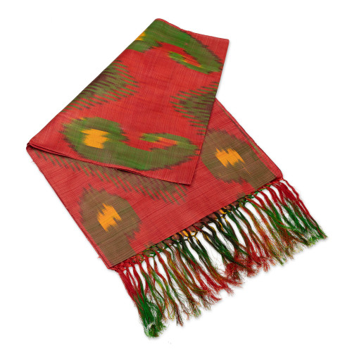 Hand-Woven Fringed Silk Ikat Scarf in Red Brown and Yellow 'Samarkand Market'