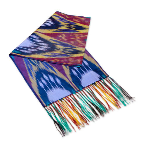 Handwoven Traditional Silk Scarf in a Cool Palette 'Samarkand Renaissance in Blue'