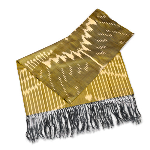 Handwoven Traditional Patterned Olive and Beige Silk Shawl 'Uzbekistan Waterfall in Olive'