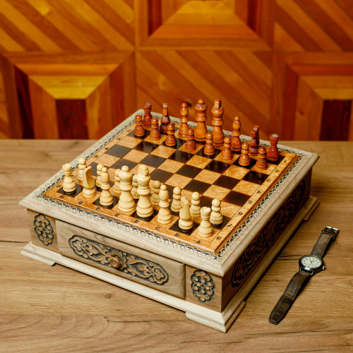 Handcrafted Traditional Wooden Chess Set from Uzbekistan 'Classic Strategy'