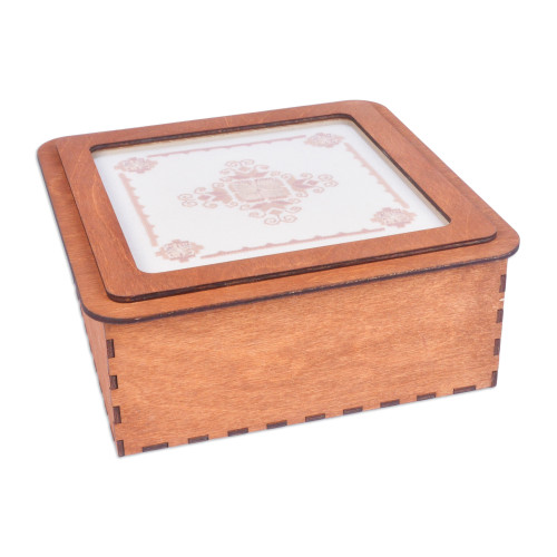Handmade Wood Jewelry Box with Embroidered Motif on Lid 'Monastery Garden'