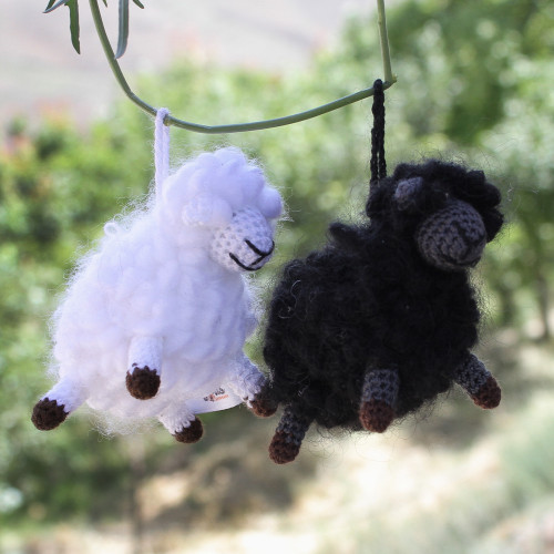 Set of 2 Crocheted Black and White Acrylic Sheep Ornaments 'Woolly Duo'