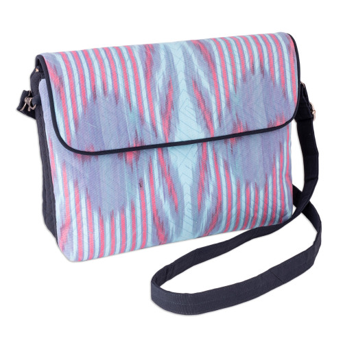 Pink and Blue Ikat Patterned Sling Bag from Uzbekistan 'Uzbekistan Winds'