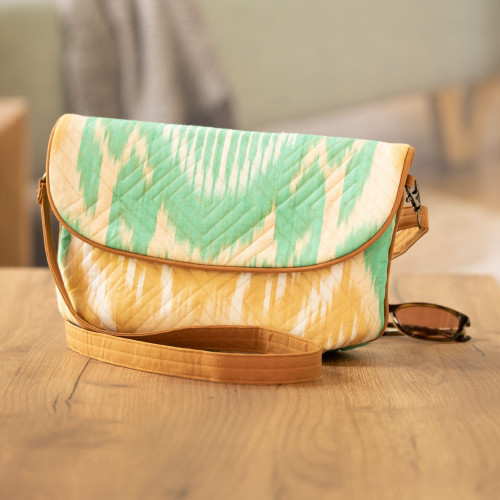 Ikat Cotton Sling Bag in Tan and Aqua with Removable Strap 'Dreamy Vibes'