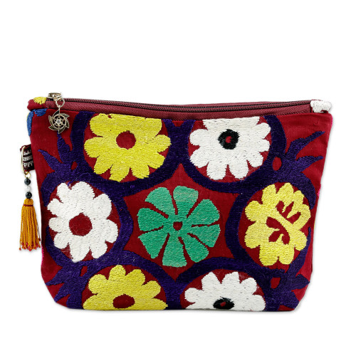Uzbek Upcycled Cotton Travel Bag with Floral Hand Embroidery 'Floral Spectacle'