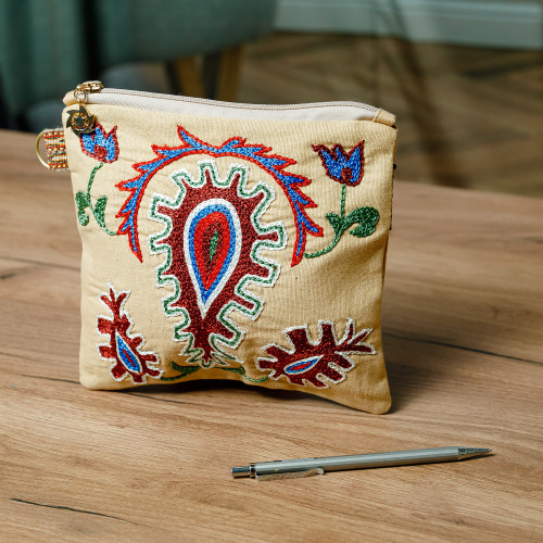 Uzbek Cotton Cosmetic Bag with Hand Embroidered Motifs 'Precious Beauty'