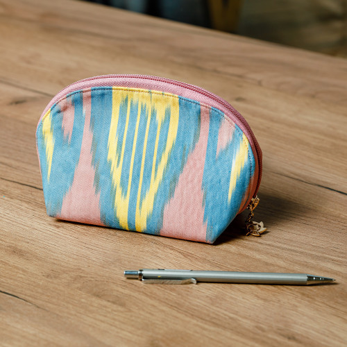 Colorful Ikat Cotton Cosmetic Bag Crafted in Uzbekistan 'Colorful Patterns'