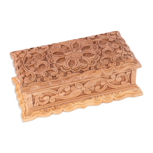 Hand-Carved Floral Natural Brown Elm Tree Wood Jewelry Box 'Secret Bouquet'