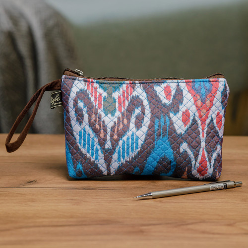 Traditional Ikat Patterned Cosmetic Bag with Zipper Closure 'Elegant Ideas'
