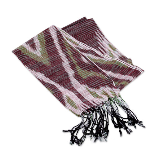 Hand-Woven Fringed Cotton Ikat Scarf in Green and Brown 'Uzbek Style'