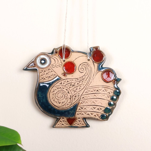 Peacock and Pomegranate-Themed Blue and Red Ceramic Ornament 'Spiritual Messenger'